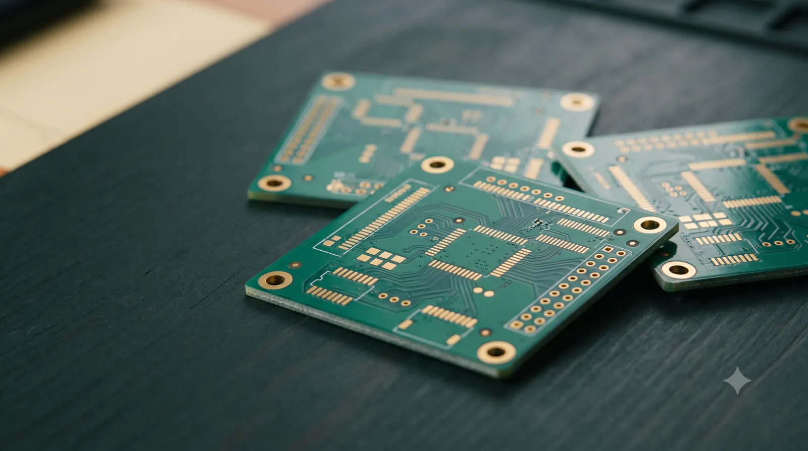 Three bare green circuit boards with gold pads and plated through-holes.