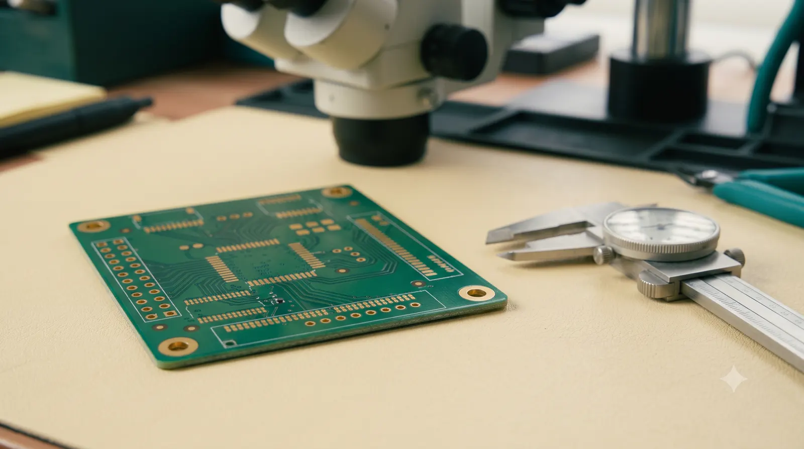 A thin bare circuit board beside a caliper and inspection microscope.