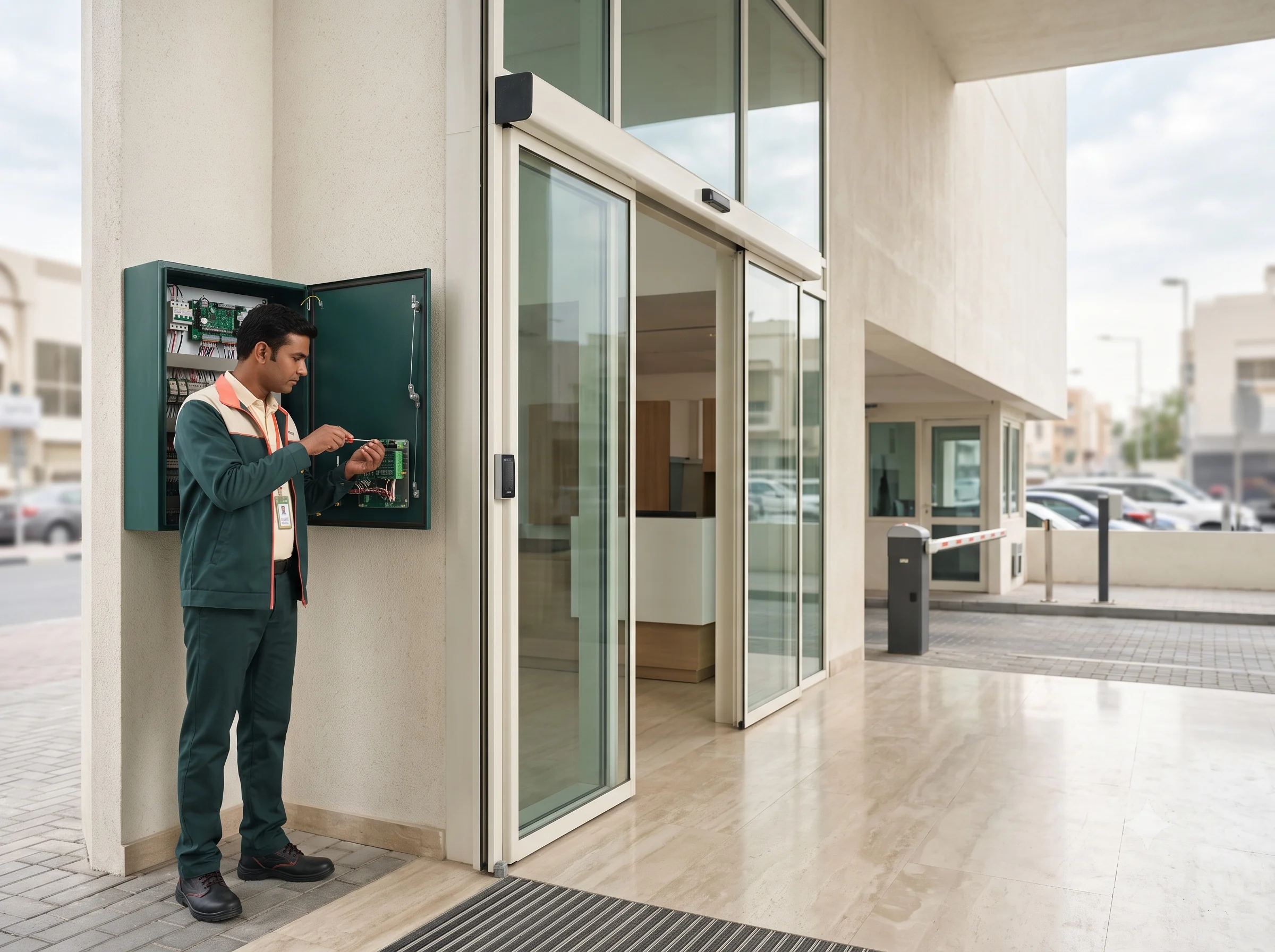 Technician commissioning a building access system near a vehicle barrier