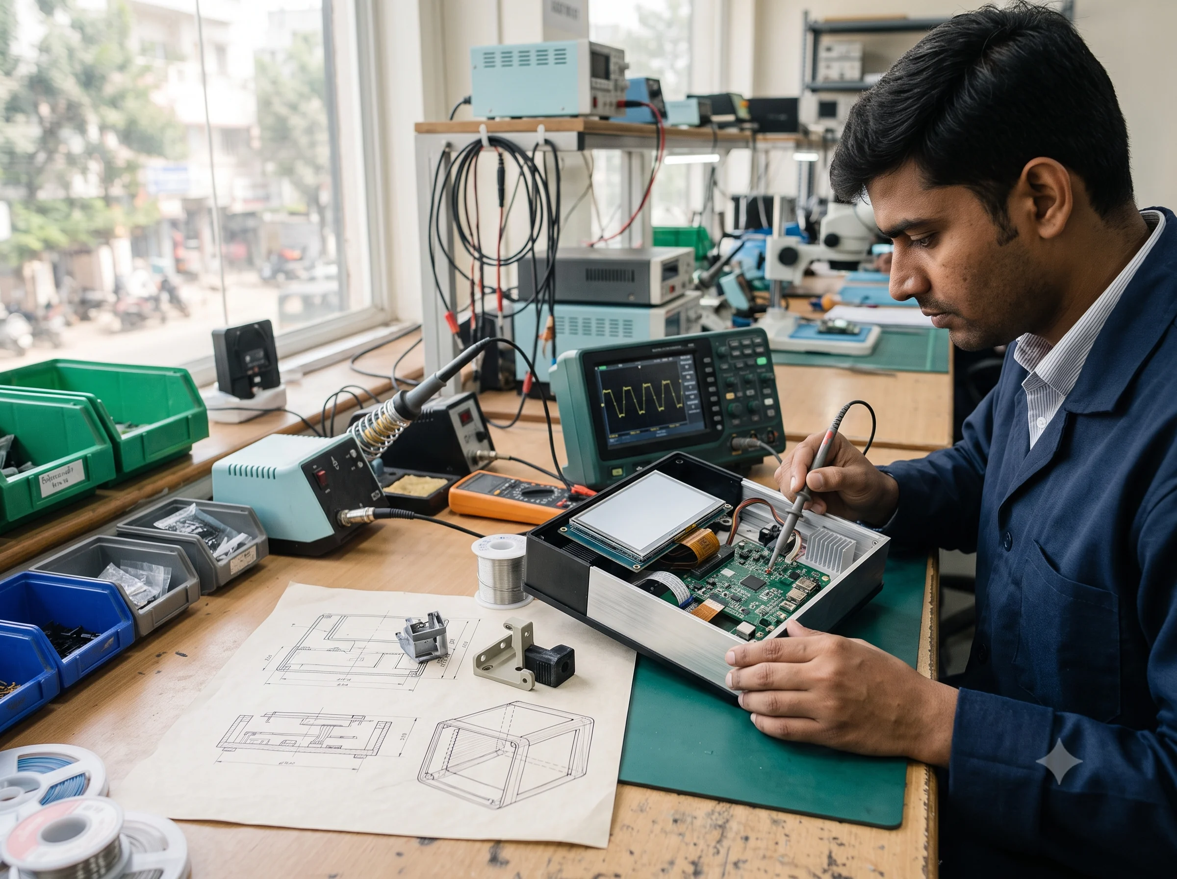 Engineer testing an electronic prototype and enclosure at a workbench