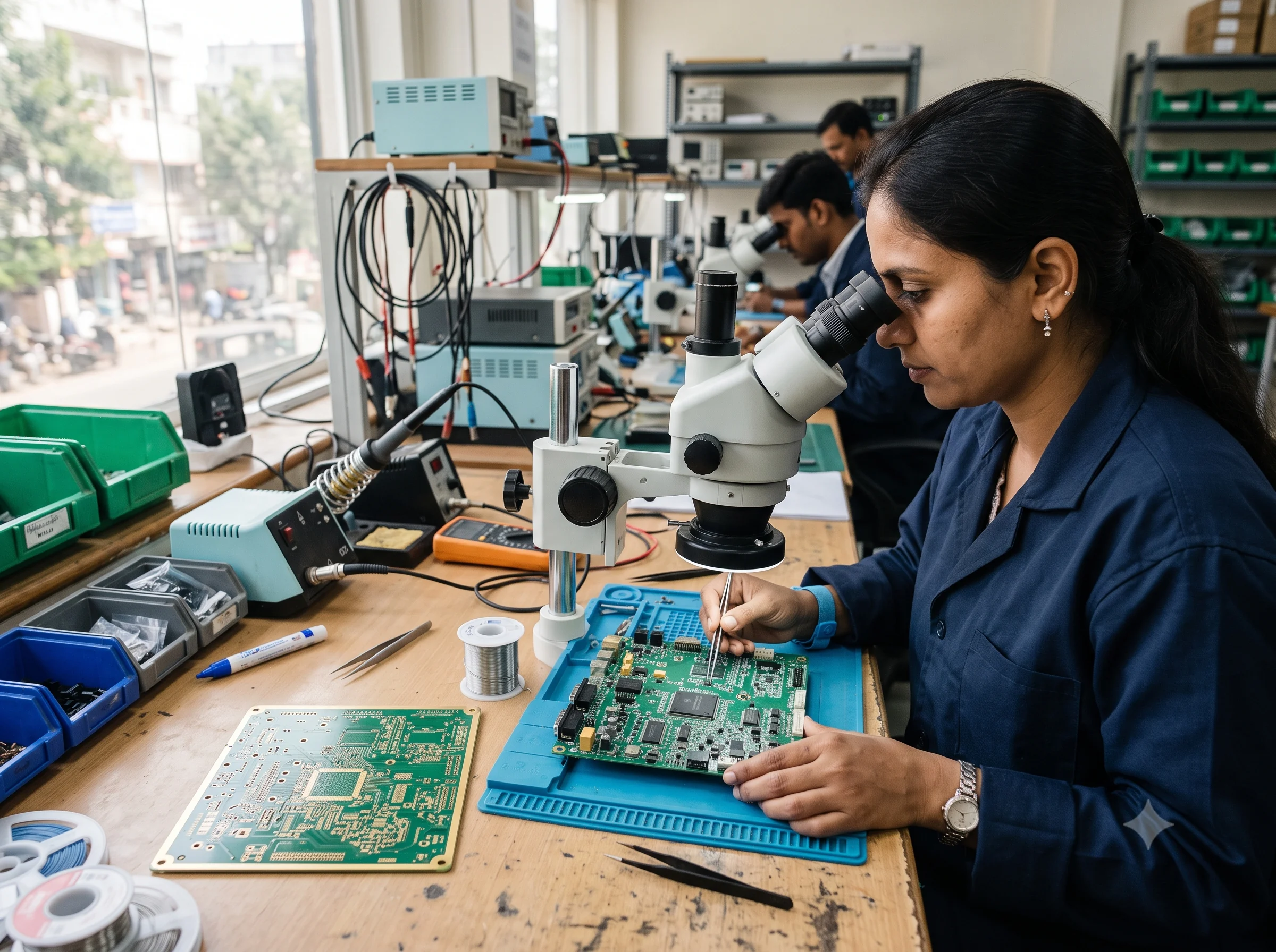 Engineer inspecting a populated circuit board beside a bare PCB at a workbench