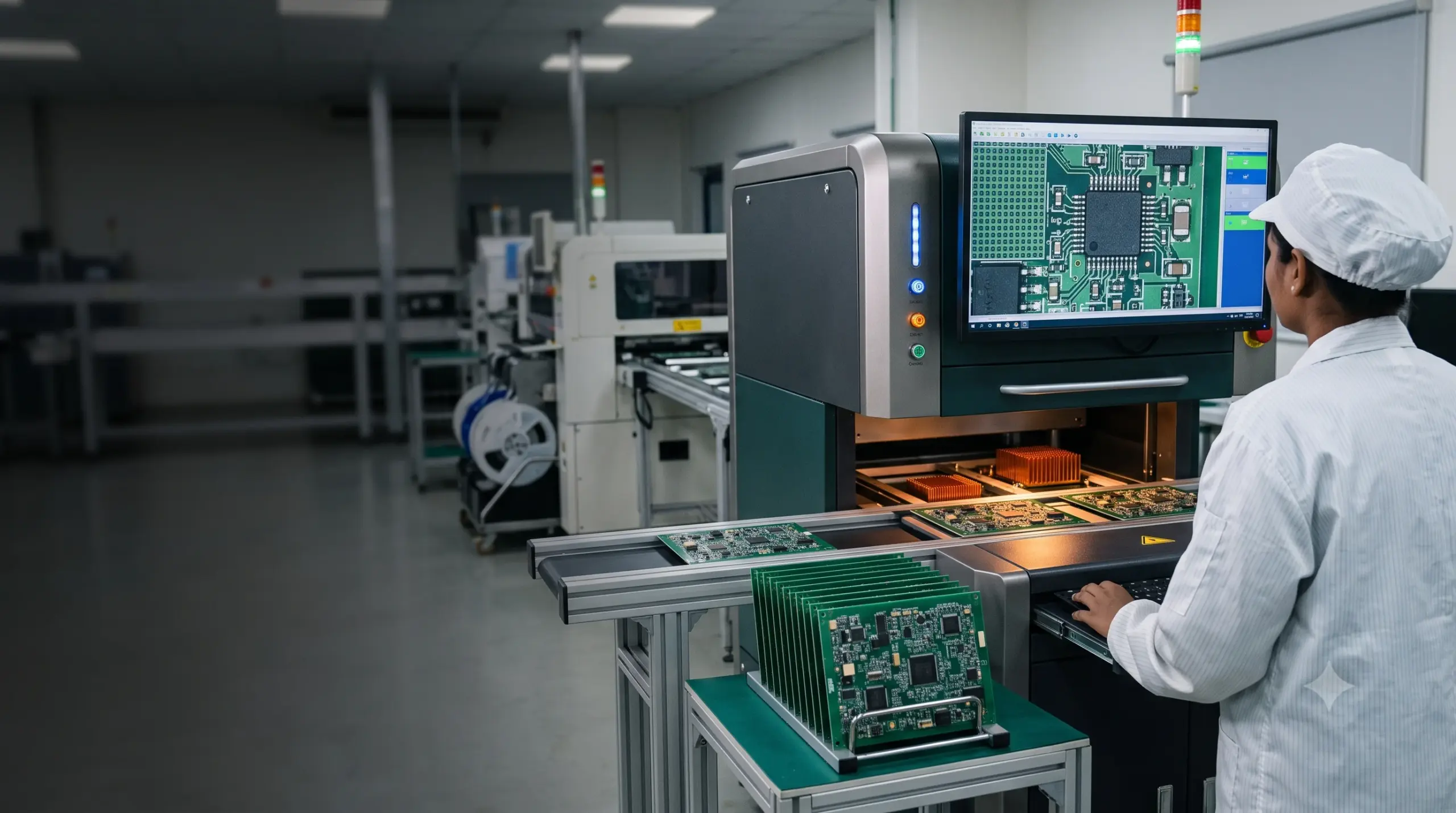 Operator reviewing populated circuit boards at an automated optical inspection station