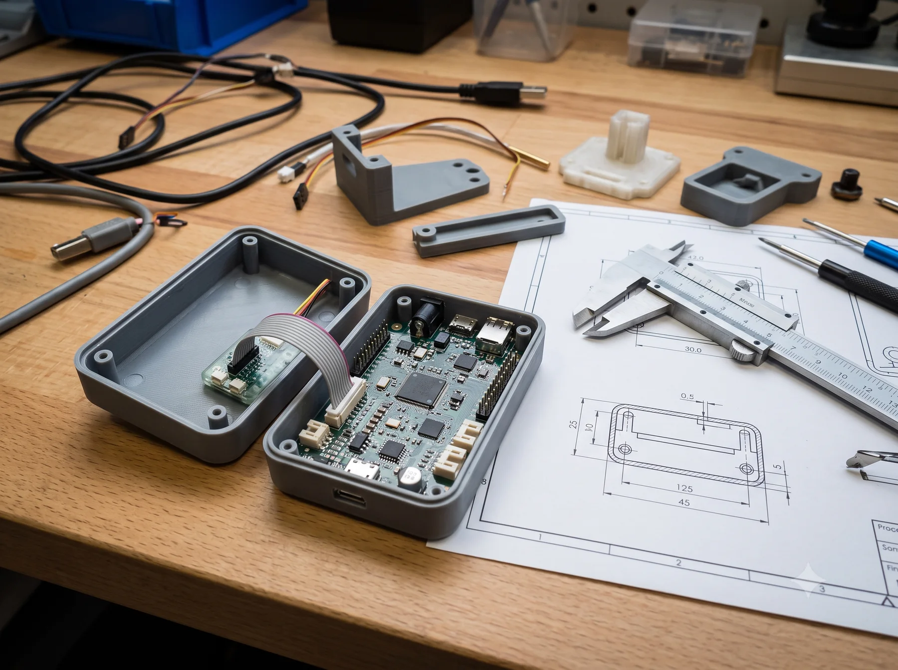 Open electronics product enclosure with circuit board, cable, caliper and mechanical design drawing