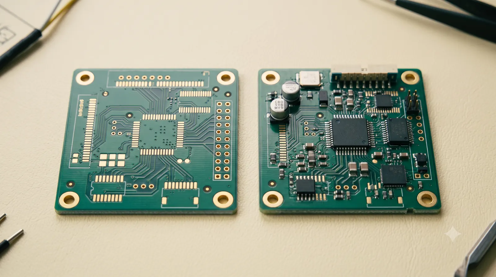 Matching bare and populated green circuit boards arranged side by side.