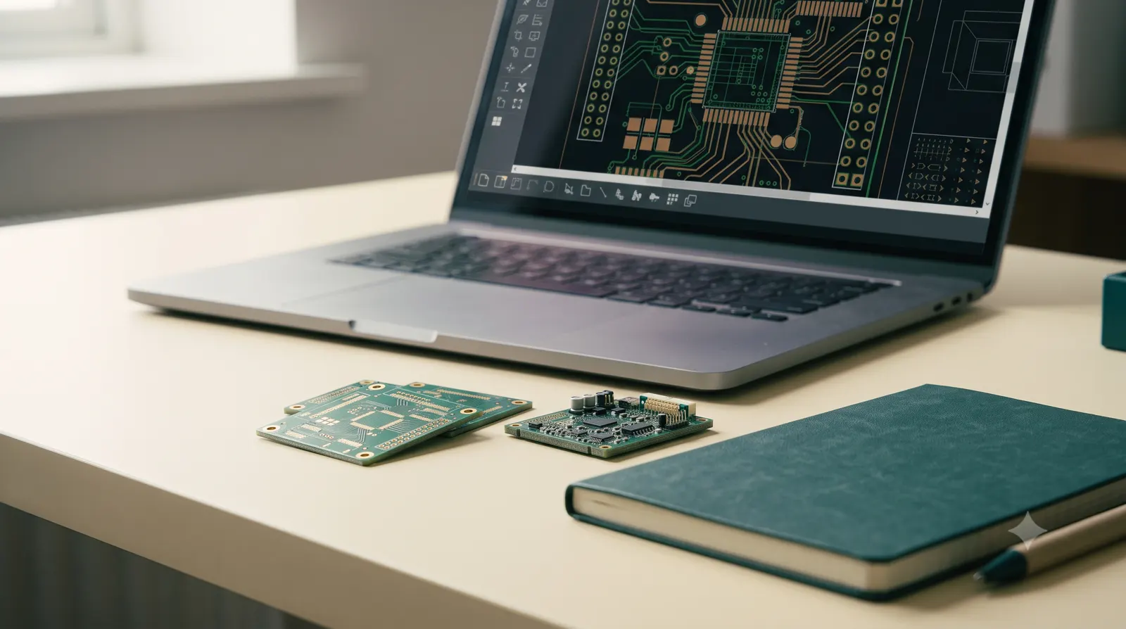 A laptop showing an illustrative circuit-board layout beside bare and populated boards.